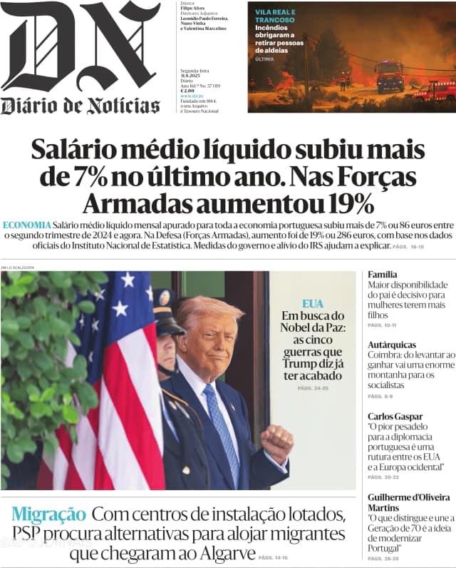 Capa jornal Diário de Notícias 2025-08-11