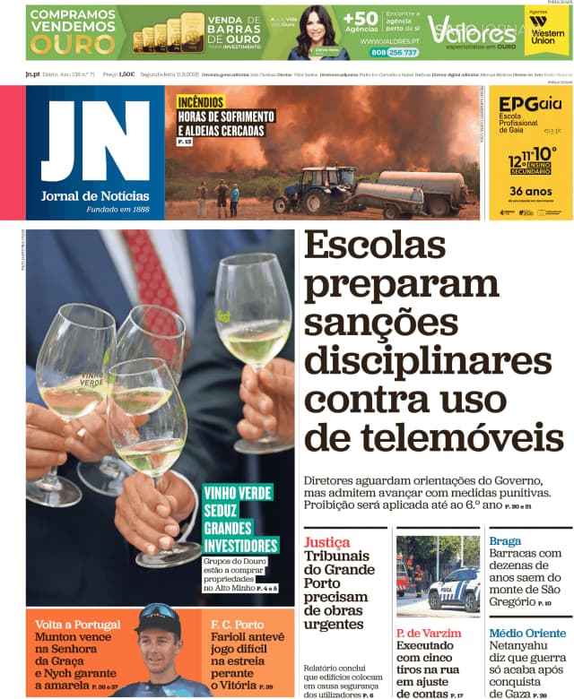 Capa jornal Jornal de Notícias 2025-08-11