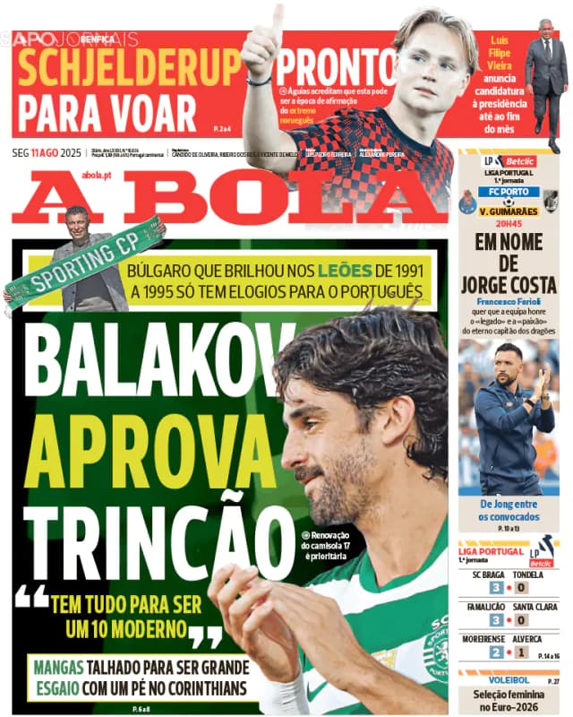 Capa jornal A Bola 2025-08-11