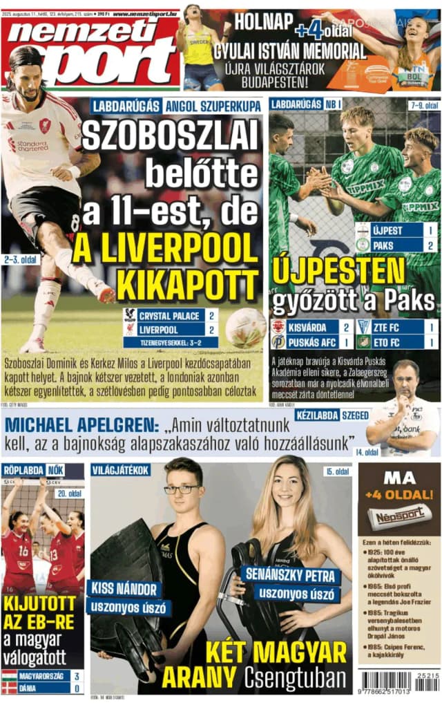 Capa jornal Nemzeti Sport 2025-08-11