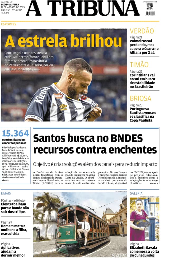 Capa jornal A Tribuna de Santos 2025-08-11