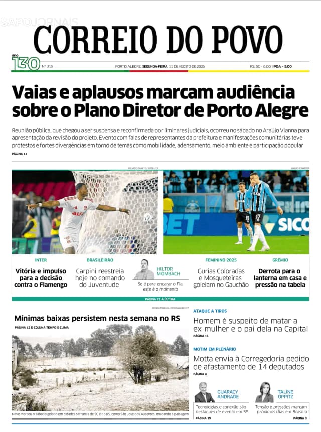 Capa jornal Correio do Povo 2025-08-11